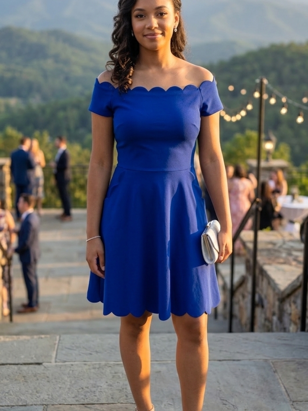 B. Darlin Royal Blue Scalloped Off-The-Shoulder Dress with Pockets - Size 11/12